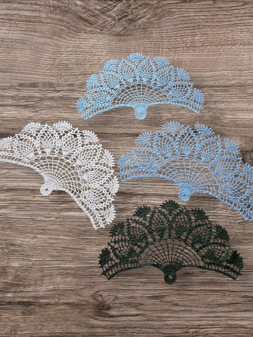 Crochet Doilies Southern Charm Design Bundle of 4. Blue, White and Forest Green.